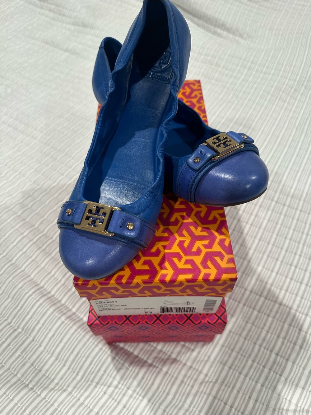 Tory Burch Cobalt Leather Ballet Flats with Gold Logo Accent